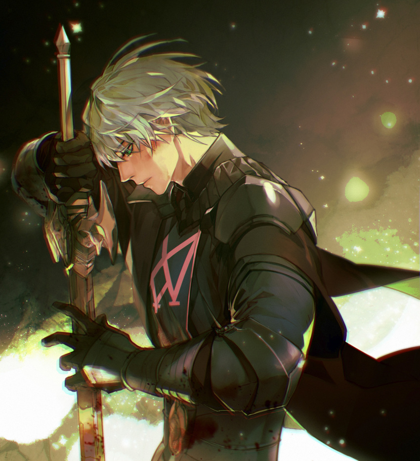 1boy aqua_hair arm_up armor black_cape blood bloody_clothes bloody_weapon byleth_(fire_emblem) byleth_eisner_(male) cape closed_mouth fire_emblem fire_emblem:_three_houses gauntlets green_eyes haban_(haban35) highres holding holding_sword holding_weapon light_particles long_sleeves looking_away looking_down male_focus profile short_hair shoulder_armor solo sword sword_of_the_creator upper_body weapon