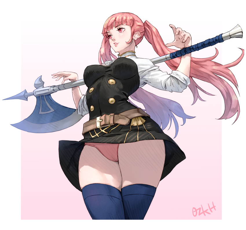1girl artist_name axe bangs battle_axe belt breasts commentary fingernails fire_emblem fire_emblem:_three_houses garreg_mach_monastery_uniform gradient gradient_background highres hilda_valentine_goneril holding lips long_hair looking_away medium_breasts ozkh6 panties parted_lips pink_eyes pink_hair pink_panties signature simple_background skirt sleeves_rolled_up smile solo thigh-highs thighs tied_hair twintails underwear uniform weapon