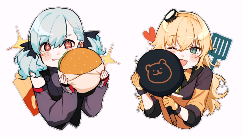 +_+ 2girls :d absurdres blonde_hair blush commentary cropped_torso detached_sleeves eyebrows_visible_through_hair food frying_pan girls_frontline gloves green_eyes hamburger heart highres long_hair long_sleeves looking_at_viewer multiple_girls one_eye_closed open_mouth red_eyes s.a.t.8_(girls_frontline) silver_hair simple_background smile sparkle spas-12_(girls_frontline) spatula tongue tongue_out twintails useq1067 white_background