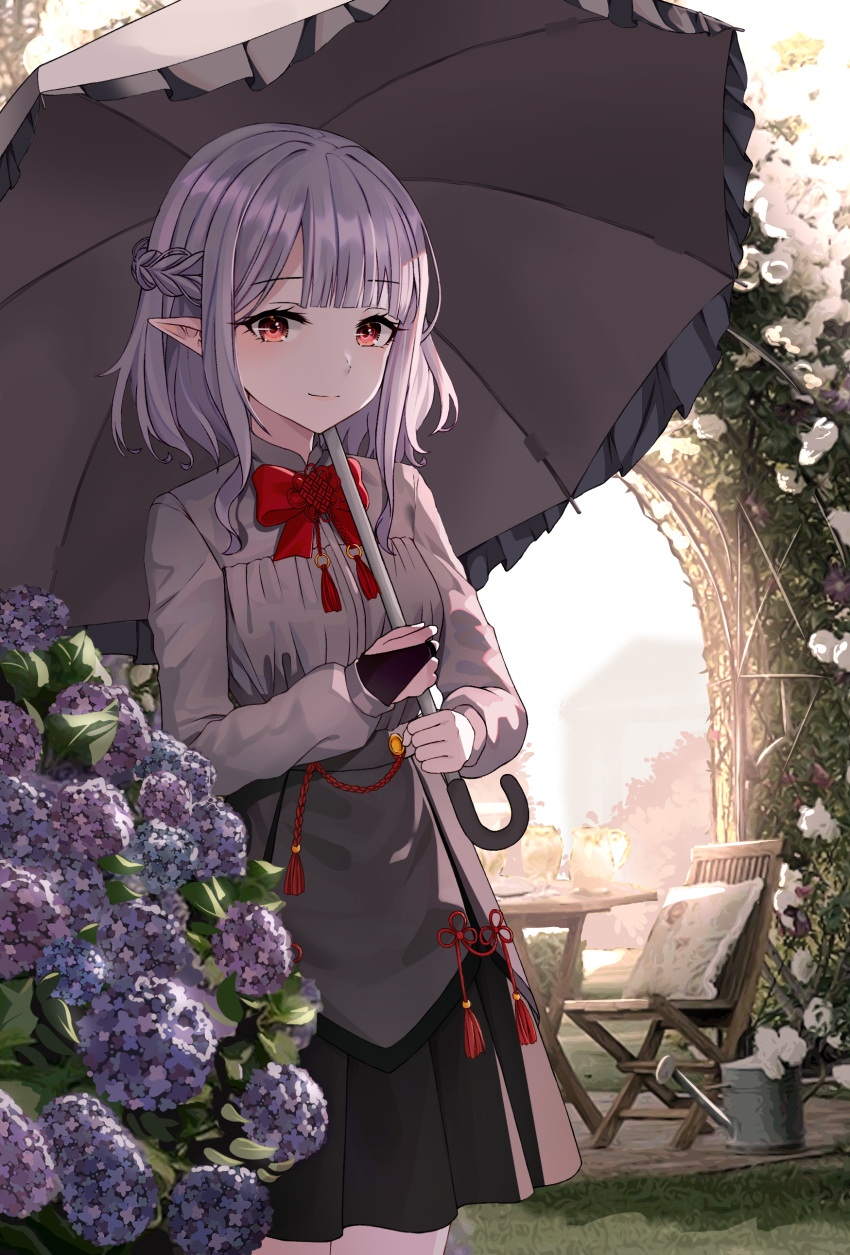 1girl absurdres bangs black_skirt blunt_bangs bow bowtie braid breasts closed_mouth collared_shirt commentary_request cowboy_shot day eyebrows_visible_through_hair flower high-waist_skirt highres holding holding_umbrella hydrangea kuroiwa_(luzpilia_lh) long_hair long_sleeves looking_at_viewer original outdoors pleated_skirt pointy_ears red_bow red_eyes red_neckwear shirt short_hair sidelocks silver_hair skirt smile solo standing umbrella