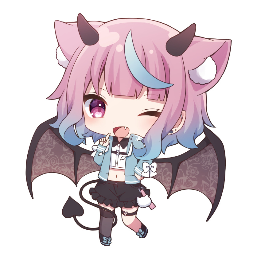 1girl ;d absurdres animal_ear_fluff animal_ears bangs black_footwear black_skirt blue_bow blue_hair blue_jacket bow brown_wings chibi collared_shirt demon_girl demon_horns demon_tail demon_wings dress_shirt ear_piercing earrings eyebrows_visible_through_hair fang frilled_skirt frills full_body gradient_hair grey_legwear heart_ring highres horns iriam jacket jewelry long_sleeves midriff multicolored_hair navel official_art one_eye_closed open_clothes open_jacket open_mouth piercing pink_hair sakuma_miku sapphire_(sapphire25252) shirt shoes simple_background skirt sleeves_past_wrists smile solo standing standing_on_one_leg stud_earrings tail thigh-highs thigh_strap violet_eyes virtual_youtuber white_background white_bow white_shirt wings