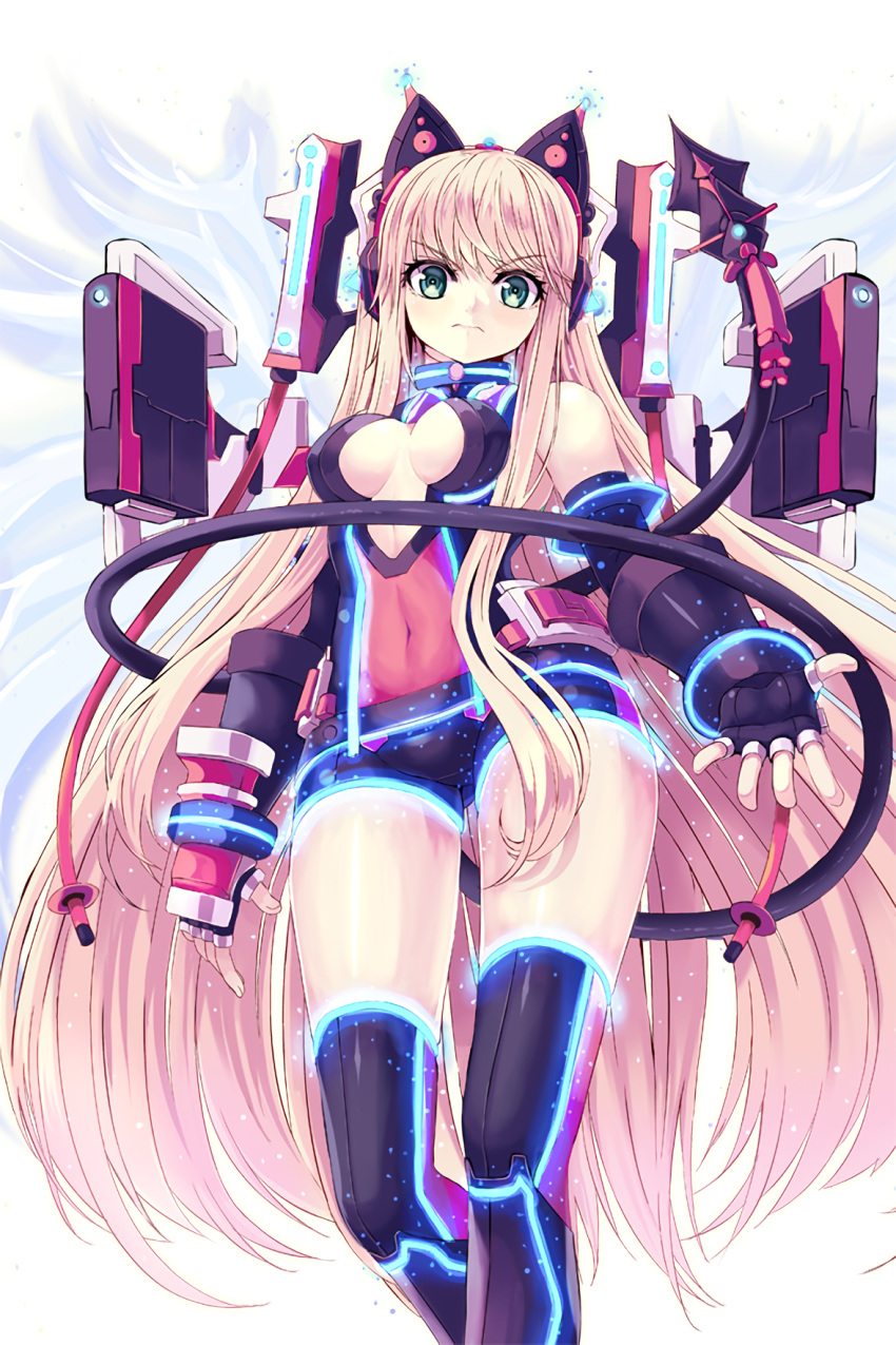 1girl bangs blonde_hair blue_gloves boots breasts elbow_gloves fingerless_gloves gloves green_eyes hairband high_heel_boots high_heels highres long_hair looking_at_viewer mecha_musume medium_breasts official_art pointy_ears reason_(ficafe) resized soccer_spirits solo stomach tail transparent_background upscaled vayne_(soccer_spirits) wings