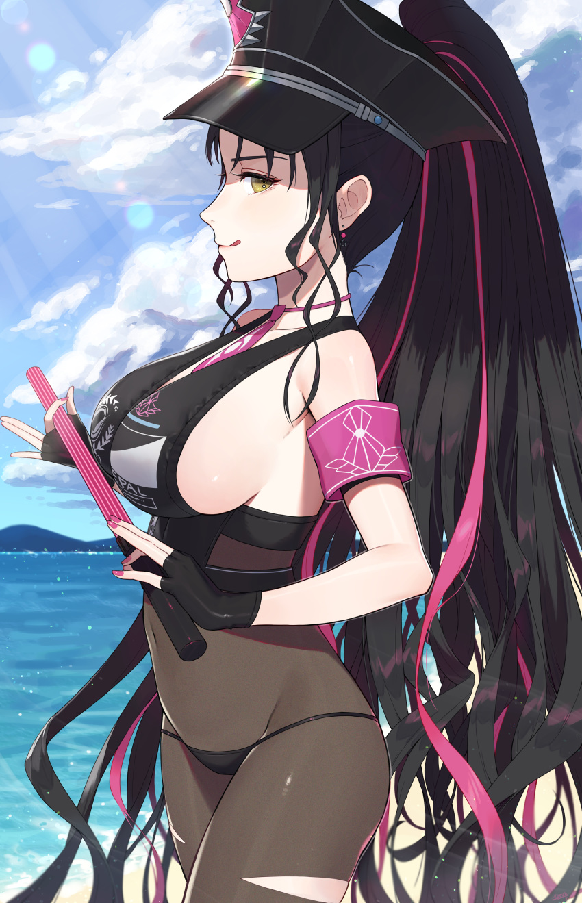 1girl :q absurdres armband bare_shoulders beach bikini black_bikini black_gloves black_hair black_headwear black_legwear breasts closed_mouth clouds cloudy_sky commentary_request covered_navel cowboy_shot day earrings fate/grand_order fate_(series) fingerless_gloves from_side gloves hat high-waist_pantyhose high_ponytail highres holding huge_filesize jewelry large_breasts long_hair looking_at_viewer looking_to_the_side multicolored_hair nail_polish ocean outdoors peaked_cap pink_hair pink_nails sesshouin_kiara sesshouin_kiara_(swimsuit_mooncancer)_(fate) shibainu sideboob sidelocks sky smile solo swimsuit tongue tongue_out torn_clothes torn_legwear two-tone_hair very_long_hair water yellow_eyes
