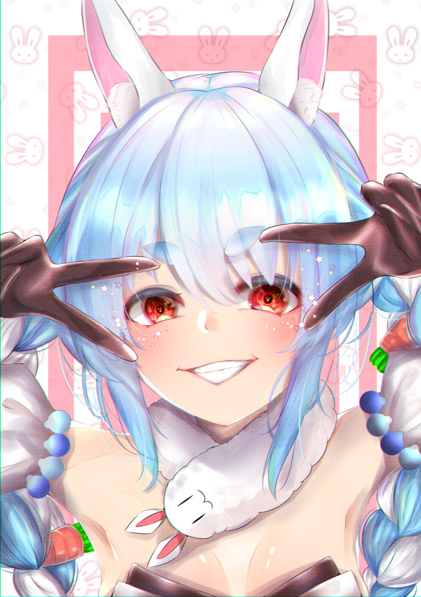 1girl absurdres animal_ear_fluff animal_ears black_gloves blue_hair blush braid breasts bunnysuit carrot_hair_ornament coat creature don-chan_(usada_pekora) double_v eyebrows_visible_through_hair food_themed_hair_ornament gloves grin hair_ornament highres hololive huge_filesize long_hair looking_at_viewer multicolored_hair rabbit_ears scarf smile solo thick_eyebrows twin_braids two-tone_hair urotare usada_pekora v virtual_youtuber white_coat white_hair