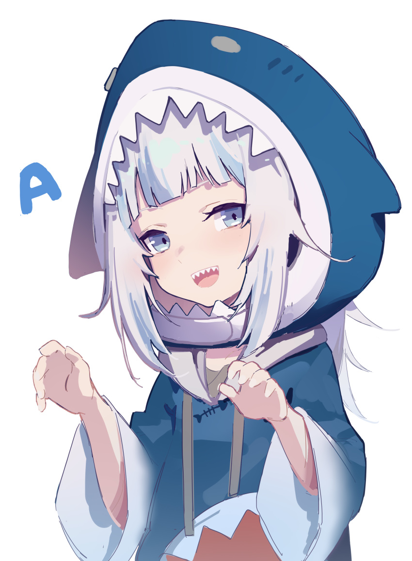 1girl :d absurdres animal_costume animal_hood blue_eyes claw_pose drawstring english_text fish_skeleton gawr_gura grin highres hololive hololive_english hood hood_up lolicon_delta looking_at_viewer medium_hair multicolored_hair open_mouth shark shark_costume shark_girl shark_hood shark_print sharp_teeth sidelocks simple_background smile solo streaked_hair teeth virtual_youtuber white_background white_hair