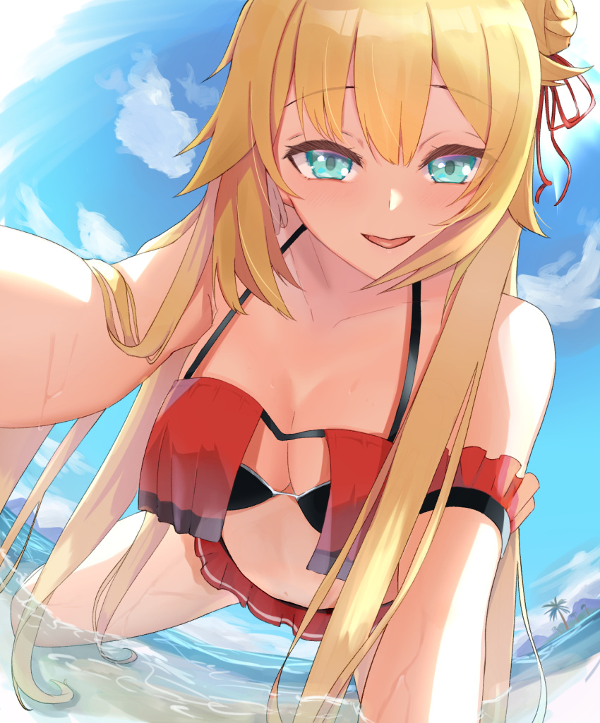 1girl :d akai_haato all_fours aqua_eyes bangs bare_shoulders beach bikini blonde_hair blush breasts day eyebrows_visible_through_hair hair_ornament hair_ribbon highres hitachi_sou hololive large_breasts long_hair looking_at_viewer one_side_up open_mouth outdoors red_bikini red_ribbon ribbon smile solo swimsuit very_long_hair virtual_youtuber