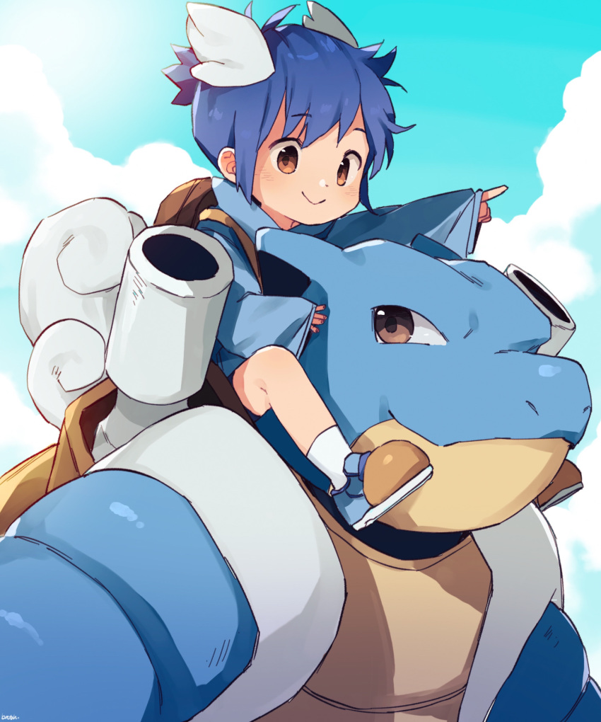 1boy :&gt; backpack bag bangs blastoise blue_footwear blue_hair blue_shirt blue_sky blue_theme carrying child closed_mouth clouds day english_commentary gen_1_pokemon head_wings highres looking_afar looking_at_another male_focus orange_eyes outstretched_arm personification pointing pokemon pokemon_(creature) shirt shoes shoulder_carry side_slit sky sleeves_past_wrists socks tail thebrushking wartortle