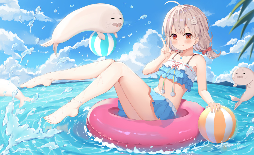 1girl :q absurdres ahoge anklet ball barefoot beachball bikini bow clouds eyebrows_visible_through_hair feet frilled_bikini frills grey_hair hair_bow highres hokori_sakuni innertube jewelry legs_up looking_at_viewer midriff navel necklace palm_tree red_bow red_eyes seal shirakami_haruka short_hair sitting sky solo stomach swimsuit tongue tongue_out tree two_side_up v virtual_youtuber water