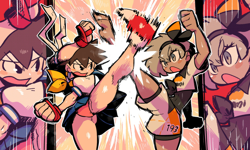 2girls ass_visible_through_thighs bea_(pokemon) bike_shorts bike_shorts_under_shorts clash crossover dark_skin gym_leader headband highres kasugano_sakura kicking leg_up motion_blur multiple_girls open_mouth panties pokemon pokemon_(game) pokemon_swsh rariatto_(ganguri) short_hair short_shorts shorts street_fighter street_fighter_zero_(series) underwear