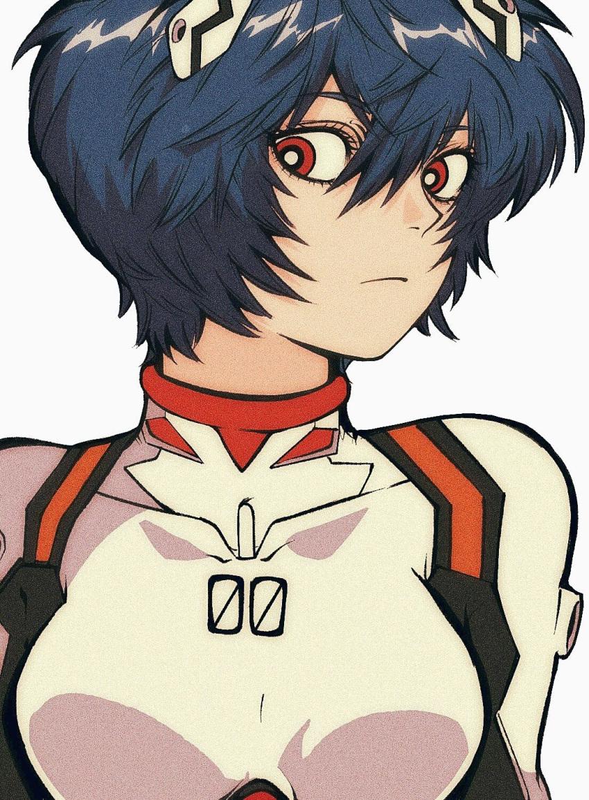 1girl :o ayanami_rei blue_hair highres looking_to_the_side neon_genesis_evangelion open_mouth pikurusu pilot_suit plugsuit red_eyes short_hair solo symbol_commentary