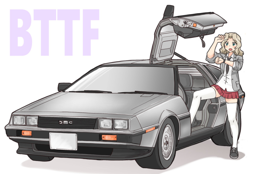 1girl back_to_the_future black_neckwear blazer blonde_hair blouse blue_eyes blue_footwear car collared_blouse commentary copyright_name cross-laced_footwear delorean foot_up girls_und_panzer grey_jacket ground_vehicle hair_intakes jacket kay_(girls_und_panzer) long_hair long_sleeves looking_at_watch miniskirt motor_vehicle necktie open_clothes open_jacket open_mouth parody pleated_skirt red_skirt revision saunders_school_uniform school_uniform shoes simple_background skirt sleeves_rolled_up sneakers solo standing thigh-highs uona_telepin vehicle_focus watch watch white_background white_blouse white_legwear