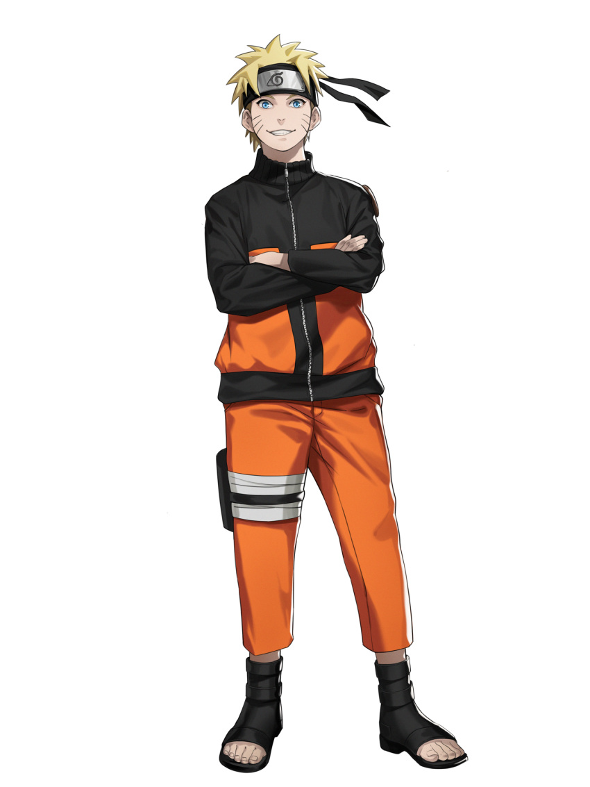 1boy bangs black_footwear black_jacket blonde_hair blue_eyes commentary_request crossed_arms forehead_protector full_body highres himmel_(allsky83) jacket konohagakure_symbol legband long_sleeves looking_at_viewer male_focus naruto_(series) naruto_shippuuden ninja open_toe_shoes orange_jacket orange_pants pants shoes short_hair simple_background smile solo spiky_hair standing tachi-e track_jacket two-tone_jacket uzumaki_naruto very_short_hair whisker_markings white_background
