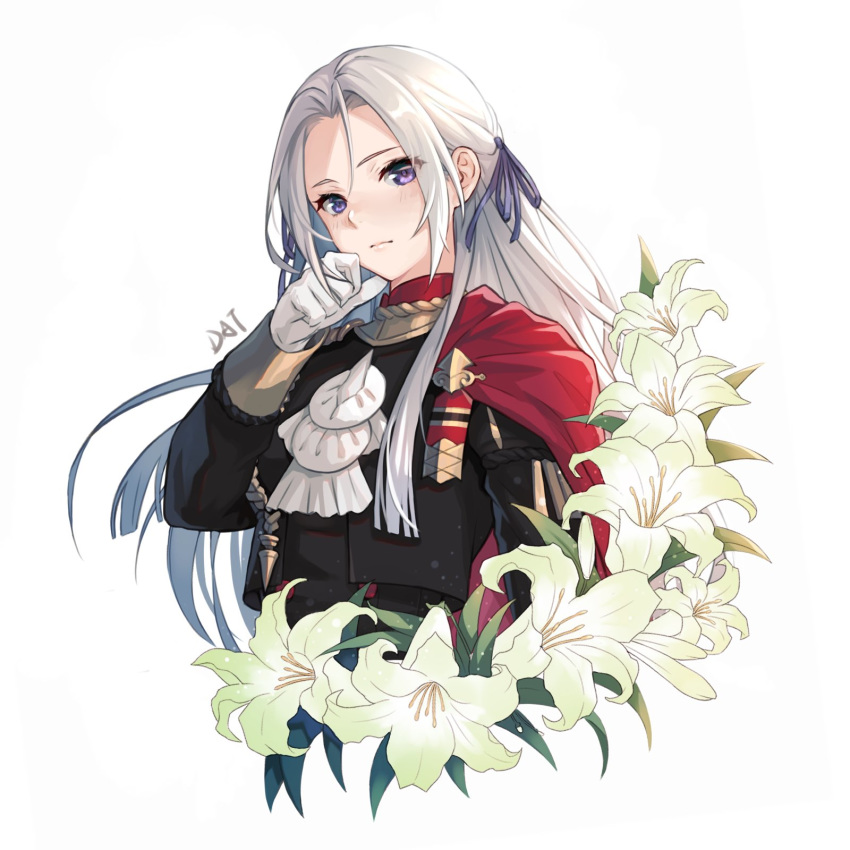 1girl artist_name blush cape closed_mouth da-cart edelgard_von_hresvelg fire_emblem fire_emblem:_three_houses flower forehead gloves hair_ribbon hand_on_own_face hand_up highres lily_(flower) long_hair long_sleeves looking_at_viewer purple_ribbon red_cape ribbon silver_hair simple_background smile solo uniform upper_body violet_eyes white_background white_flower white_gloves