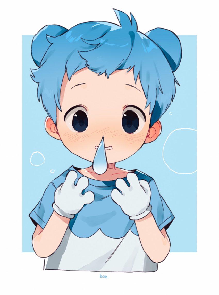 1boy animal_ears bangs bear_ears black_eyes blue_background blue_hair blush child crop_top cubchoo ear_blush english_commentary gen_5_pokemon highres looking_at_viewer male_focus nose_blush personification pokemon runny_nose shirt short_sleeves snot solo t-shirt thebrushking