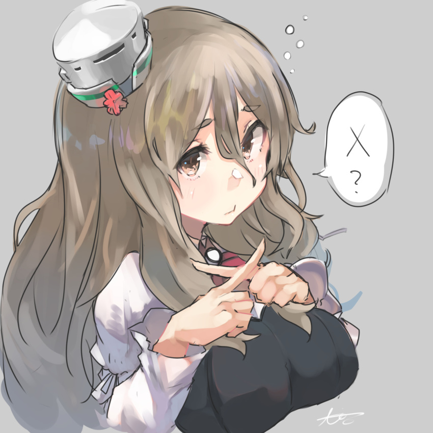 1girl akicosmossakasa brown_eyes grey_background grey_hair hat highres kantai_collection looking_at_viewer mini_hat pola_(kantai_collection) shirt signature simple_background solo spoken_x symbol_commentary tilted_headwear upper_body wavy_hair white_headwear white_shirt x