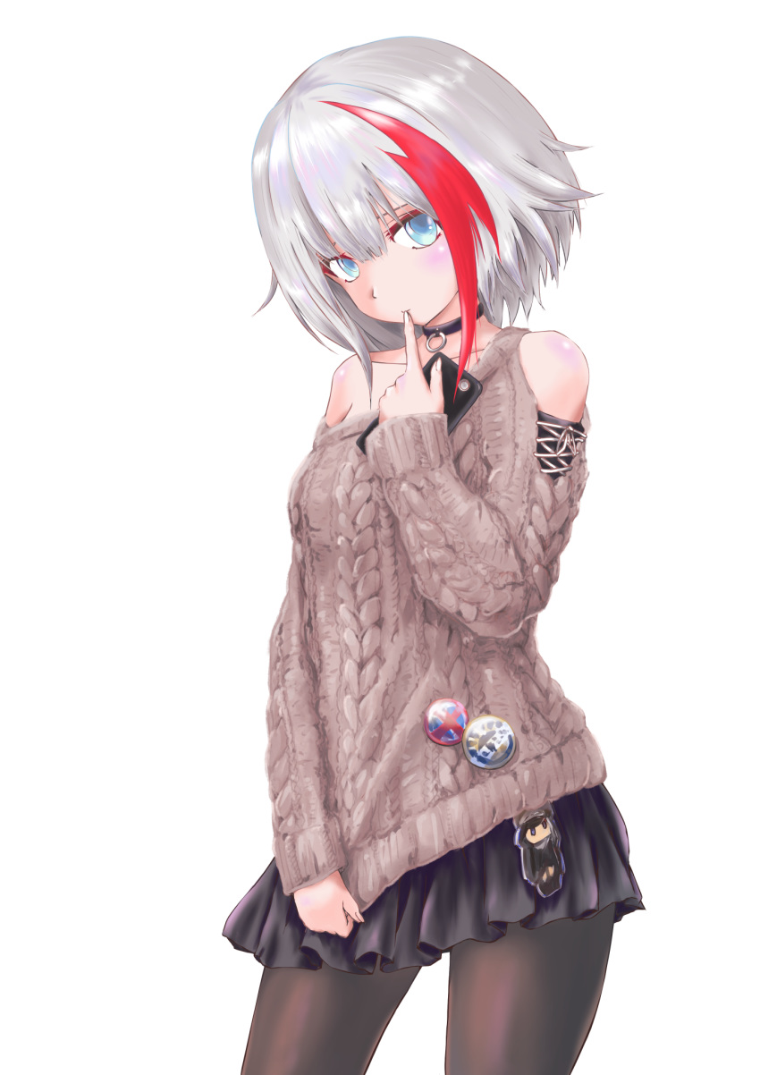 1girl admiral_graf_spee_(azur_lane) admiral_graf_spee_(daily_peaceful_life)_(azur_lane) azur_lane bangs black_legwear black_skirt blue_eyes blunt_bangs blush breasts cellphone commentary_request highres looking_at_viewer multicolored_hair no_tail p.i.t.d pantyhose phone redhead short_hair sidelocks silver_hair simple_background skirt small_breasts solo streaked_hair sweater white_background
