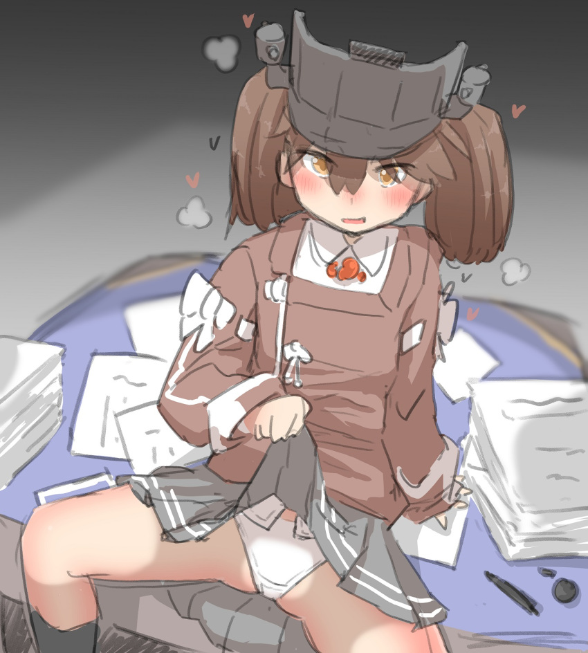 1girl blush brown_eyes brown_hair desk hat heart heavy_breathing highres japanese_clothes kantai_collection lifted_by_self long_hair long_sleeves magatama namakura_neo open_mouth panties paper pleated_skirt ryuujou_(kantai_collection) skirt skirt_lift solo spread_legs twintails underwear visor_cap white_panties