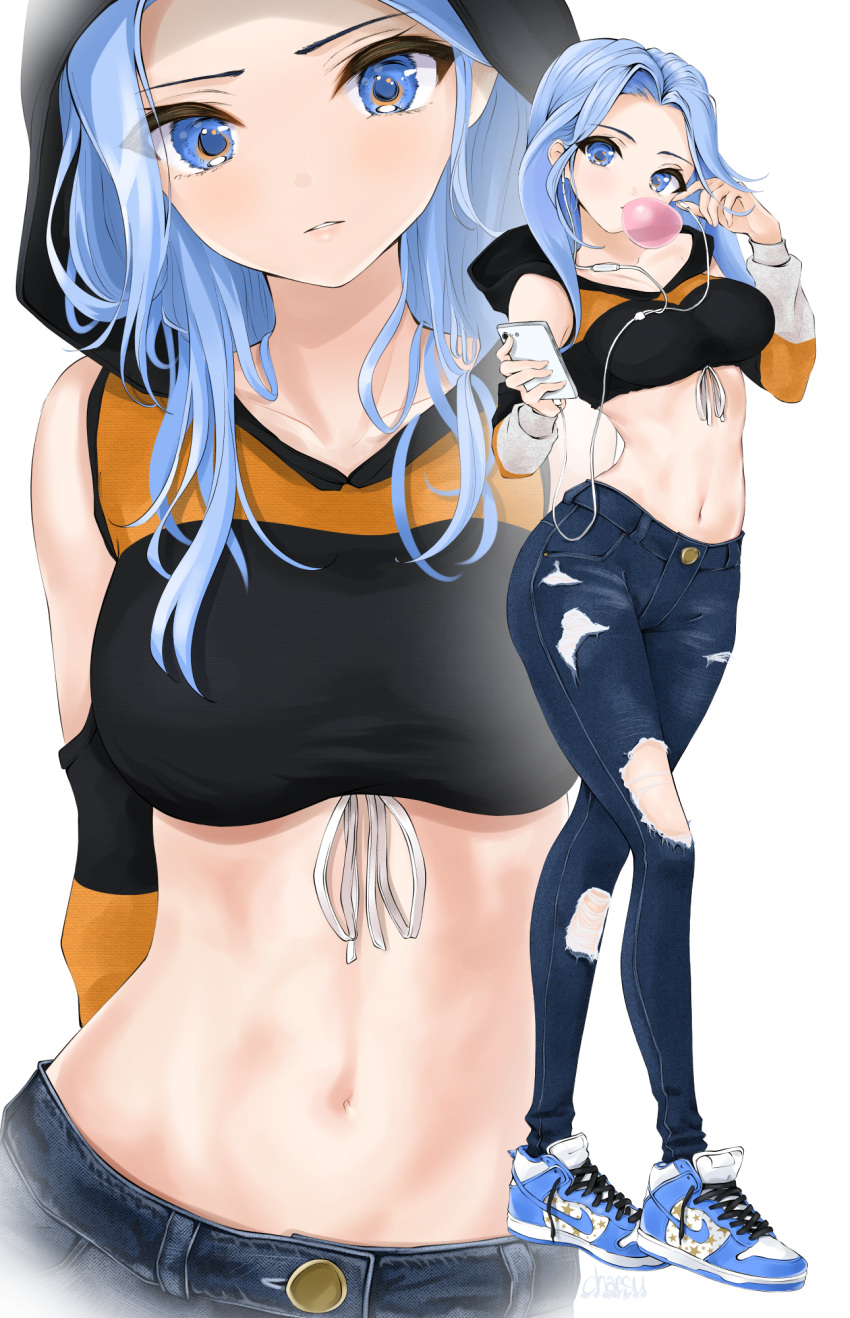 1girl bangs bare_shoulders black_hoodie blue_eyes blue_footwear blue_hair blue_pants breasts bubble_blowing chaesu chewing_gum crop_top crossed_legs denim earphones front-tie_top full_body hand_up highres holding holding_phone hood long_hair long_sleeves looking_at_viewer medium_breasts midriff minah_(chaesu) multiple_views navel nike original pants parted_bangs parted_lips phone shoes shoulder_cutout simple_background sneakers standing stomach torn_clothes torn_pants watson_cross white_background