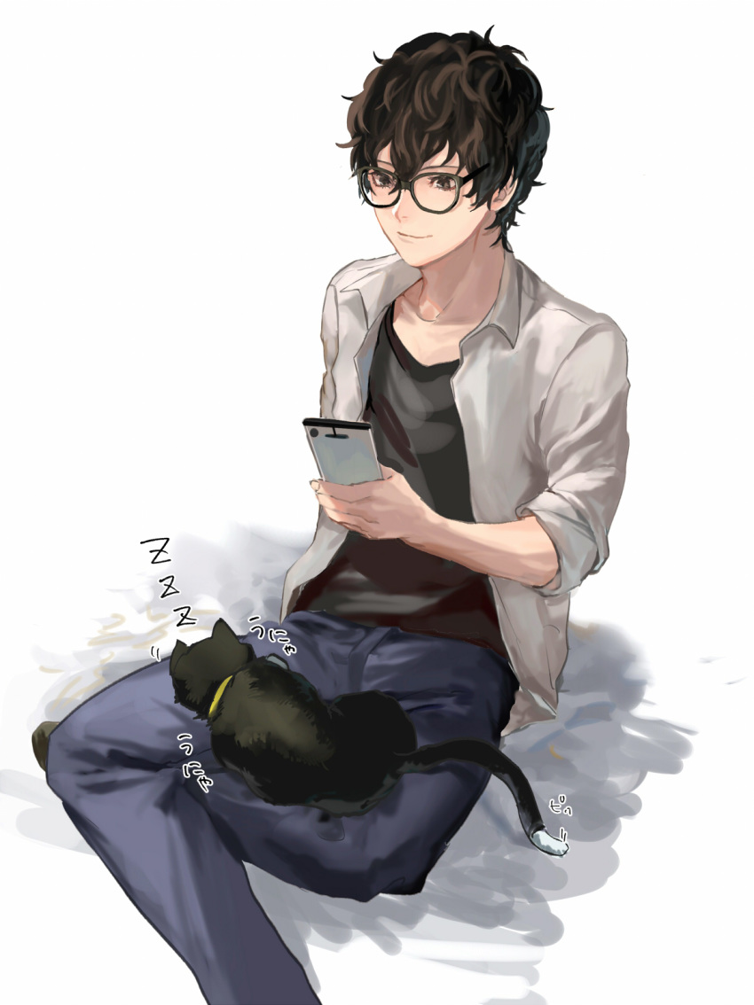 1boy amamiya_ren animal_on_lap bangs black-framed_eyewear black_eyes black_hair black_shirt blue_pants cat cat_on_lap cellphone closed_mouth collarbone collared_shirt glasses grey_shirt hair_between_eyes hanimo0404 highres holding holding_phone leaning_back male_focus morgana_(persona_5) open_clothes open_shirt pants persona persona_5 phone shirt simple_background sleeping smartphone smile solo taking_picture white_background wing_collar zzz