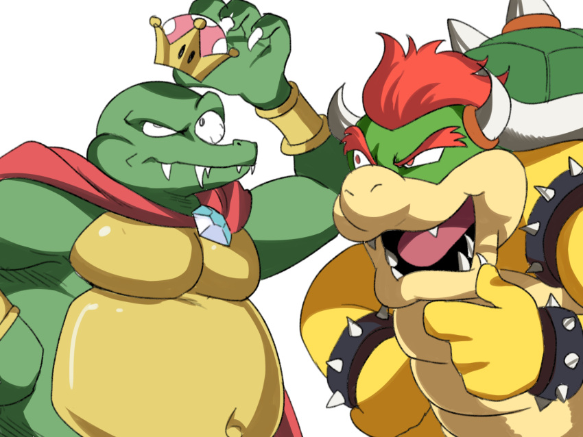 2boys blue_eyes bowser bracelet crown donkey_kong_(series) earrings highres horns jewelry king_k._rool super_mario_bros. multiple_boys new_super_mario_bros._u_deluxe open_mouth redhead smile spiked_bracelet spikes super_crown super_smash_bros. teeth tina_fate