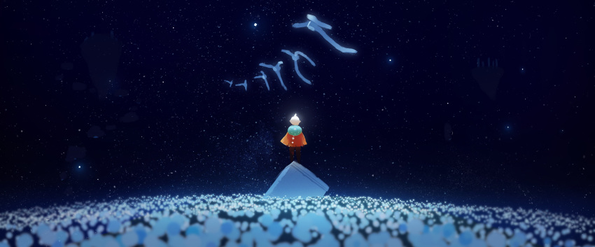 absurdres asteroid_ill flower from_behind highres hill scenery short_hair sky sky:_children_of_the_light solo standing standing_on_object star_(sky) starry_sky tagme white_hair wide_shot