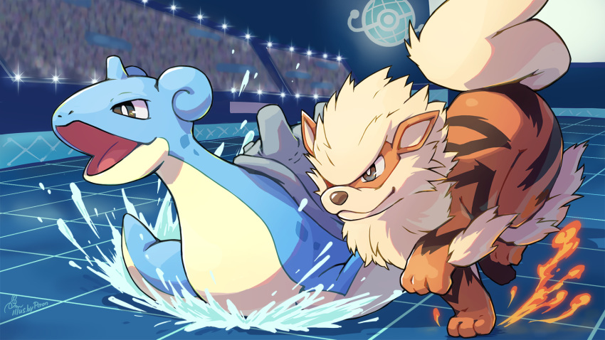 arcanine black_eyes blurry closed_mouth commentary_request crowd fire gen_1_pokemon highres horns lapras open_mouth peron_(niki2ki884) pokemon pokemon_(creature) running single_horn smile stadium tile_floor tiles tongue water