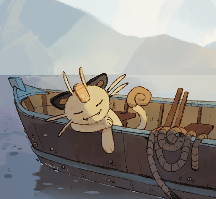afloat artist_name boat cindy_(pigeoncindy_) closed_eyes closed_mouth commentary day fangs gen_1_pokemon highres meowth no_humans outdoors pokemon pokemon_(creature) rope sleeping smile water watercraft