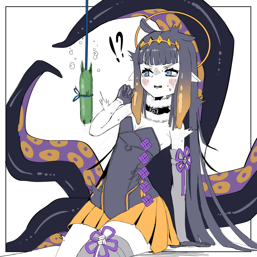!? 1girl absurdres bangs black_dress blunt_bangs cucumber dress gloves halo highres hololive hololive_english holomyth ninomae_ina'nis pointy_ears solo sweatdrop tearing_up tentacle_hair tentacles virtual_youtuber yurver