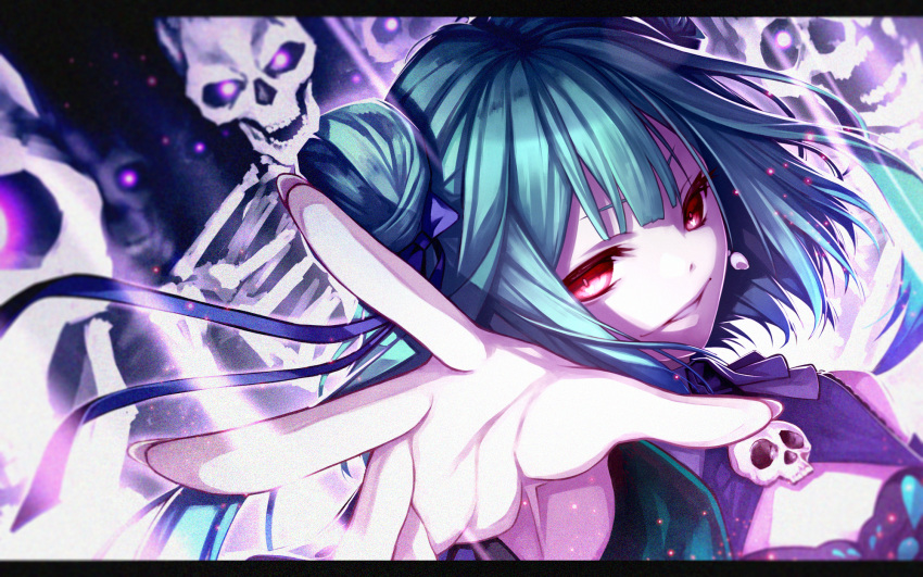 1girl bangs blue_dress brooch double_bun dress fenrir_(fenlil0316) fingernails green_hair grimace grin hair_ornament highres hololive jewelry long_fingernails looking_at_viewer necromancer outstretched_arm outstretched_hand red_eyes short_hair short_hair_with_long_locks sidelocks skull skull_hair_ornament smile solo upper_body uruha_rushia v-shaped_eyebrows virtual_youtuber