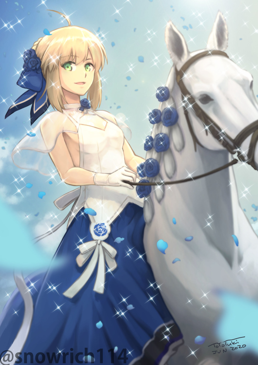 1girl 2020 ahoge artist_name artoria_pendragon_(all) blonde_hair blue_flower blue_rose breasts dated dress eyebrows_visible_through_hair fate/grand_order fate_(series) flower gloves green_eyes hair_bun highres horse looking_at_viewer open_mouth riding rose saber sleeveless small_breasts smile solo tongue twitter_username watermark yukako_(toyoyuki)