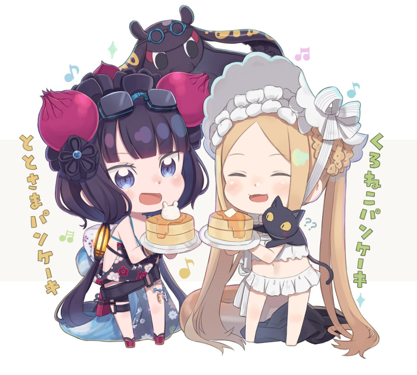 2girls :d ?? ^_^ abigail_williams_(fate/grand_order) abigail_williams_(swimsuit_foreigner)_(fate) animal animal_on_shoulder bangs bare_arms bare_legs bare_shoulders barefoot beamed_sixteenth_notes bikini black_cat black_hair blue_eyes blush bonnet bow braid brown_hair cat chibi closed_eyes commentary eighth_note eyebrows_visible_through_hair fate/grand_order fate_(series) food forehead goggles hair_bow hair_ornament holding holding_plate katsushika_hokusai_(fate/grand_order) katsushika_hokusai_(swimsuit_saber)_(fate) long_hair low_twintails multiple_girls musical_note navel octopus open_mouth pancake parted_bangs plate simple_background smile standing striped striped_bow swimsuit symbol_commentary tokitarou_(fate/grand_order) totatokeke translation_request twintails very_long_hair white_background white_bikini white_bow white_headwear