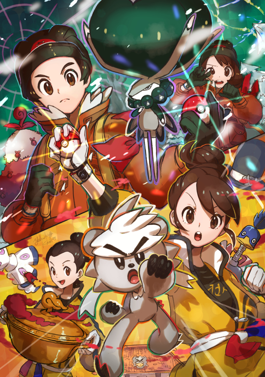 1boy 1girl :d absurdres arm_up bangs bow brown_eyes brown_hair calyrex closed_mouth commentary_request gen_8_pokemon glint gloria_(pokemon) gloves green_gloves hair_bun highres holding holding_poke_ball holding_pot jacket kihiro_(pixiv15798613) kubfu legendary_pokemon open_mouth poke_ball poke_ball_(basic) pokemon pokemon_(game) pokemon_swsh popped_collar pot sash smile swept_bangs teeth tongue v-shaped_eyebrows victor_(pokemon) yellow_jacket