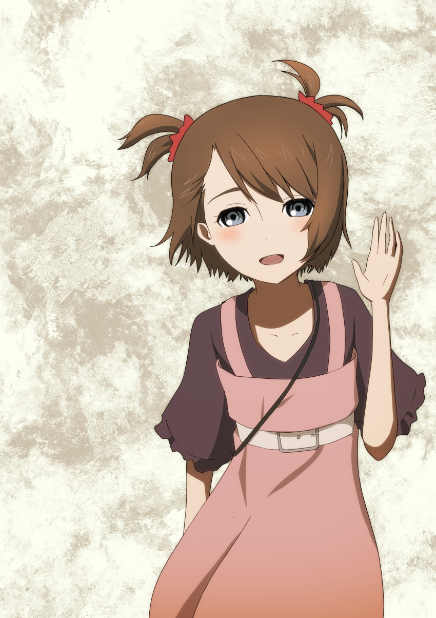 1girl :d absurdres bangs black_shirt blue_eyes blush brown_hair collarbone dress hair_ornament hair_scrunchie highres looking_at_viewer open_mouth pinafore_dress pink_dress red_scrunchie scrunchie shiny shiny_hair shirt short_hair short_sleeves sleeveless sleeveless_dress smile solo standing steins;gate swept_bangs tayutau0a0 tennouji_nae two_side_up