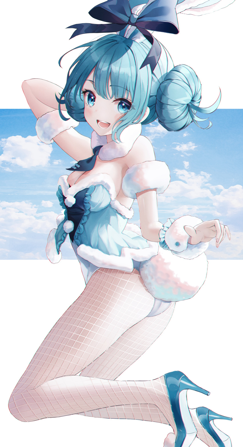 1girl :d absurdres animal_ears aqua_eyes aqua_hair aqua_leotard arm_up ass bangs bare_shoulders bicute_bunnies_miku black_bow black_neckwear blue_footwear blue_sky borrowed_design bow bunny_tail bunnysuit clouds commentary detached_collar double_bun english_commentary eumi_114 eyebrows_visible_through_hair fake_animal_ears fake_tail fishnet_legwear fishnets from_side full_body fur-trimmed_leotard hatsune_miku high_heels highres huge_filesize leotard looking_at_viewer looking_to_the_side mini_necktie necktie open_mouth pantyhose rabbit_ears short_hair sidelocks sky smile solo strapless strapless_leotard tail vocaloid white_legwear wrist_cuffs