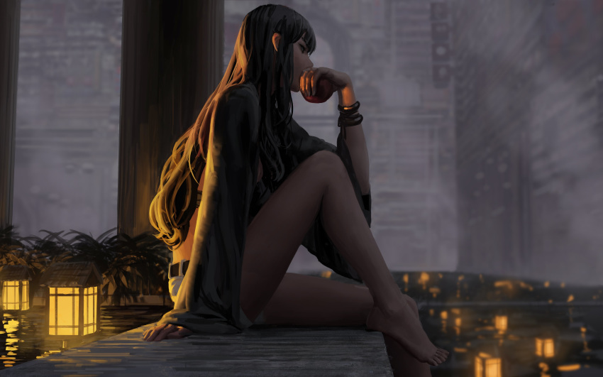 1girl absurdres bangs bare_legs barefoot belt black_belt black_eyes black_hair blurry blurry_background depth_of_field food from_side guweiz hand_up highres holding holding_food knee_up lantern long_hair long_sleeves looking_afar looking_away original profile short_shorts shorts sleeves_past_wrists solo very_long_hair white_shorts wide_sleeves