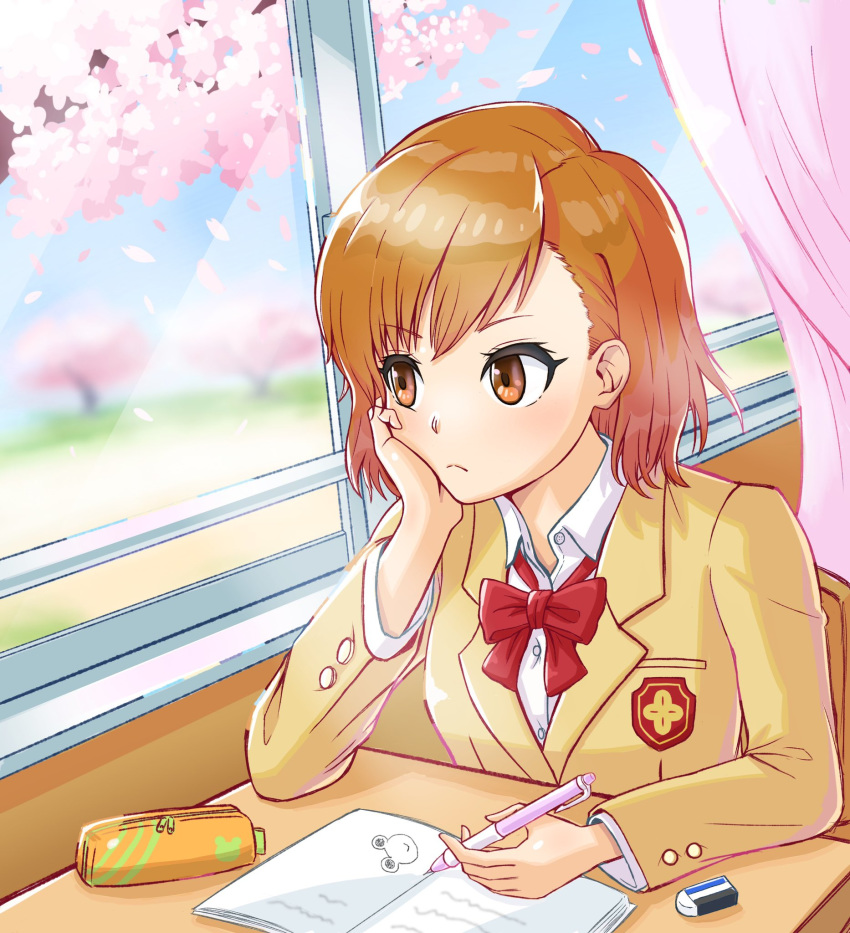 1girl bokumon24 brown_eyes brown_hair cherry_blossoms frown head_rest highres mechanical_pencil misaka_mikoto pencil pencil_case red_neckwear school short_hair solo sweater_vest to_aru_majutsu_no_index window