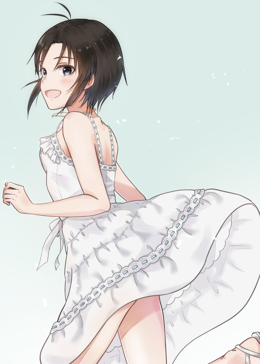 1girl :d antenna_hair bangs bare_arms black_eyes black_hair blue_background blush breasts dress dress_lift frills highres idolmaster idolmaster_(classic) idolmaster_2 jewelry kikuchi_makoto looking_at_viewer mogskg necklace open_mouth short_hair simple_background sleeveless sleeveless_dress small_breasts smile solo thighs white_dress white_footwear wind wind_lift