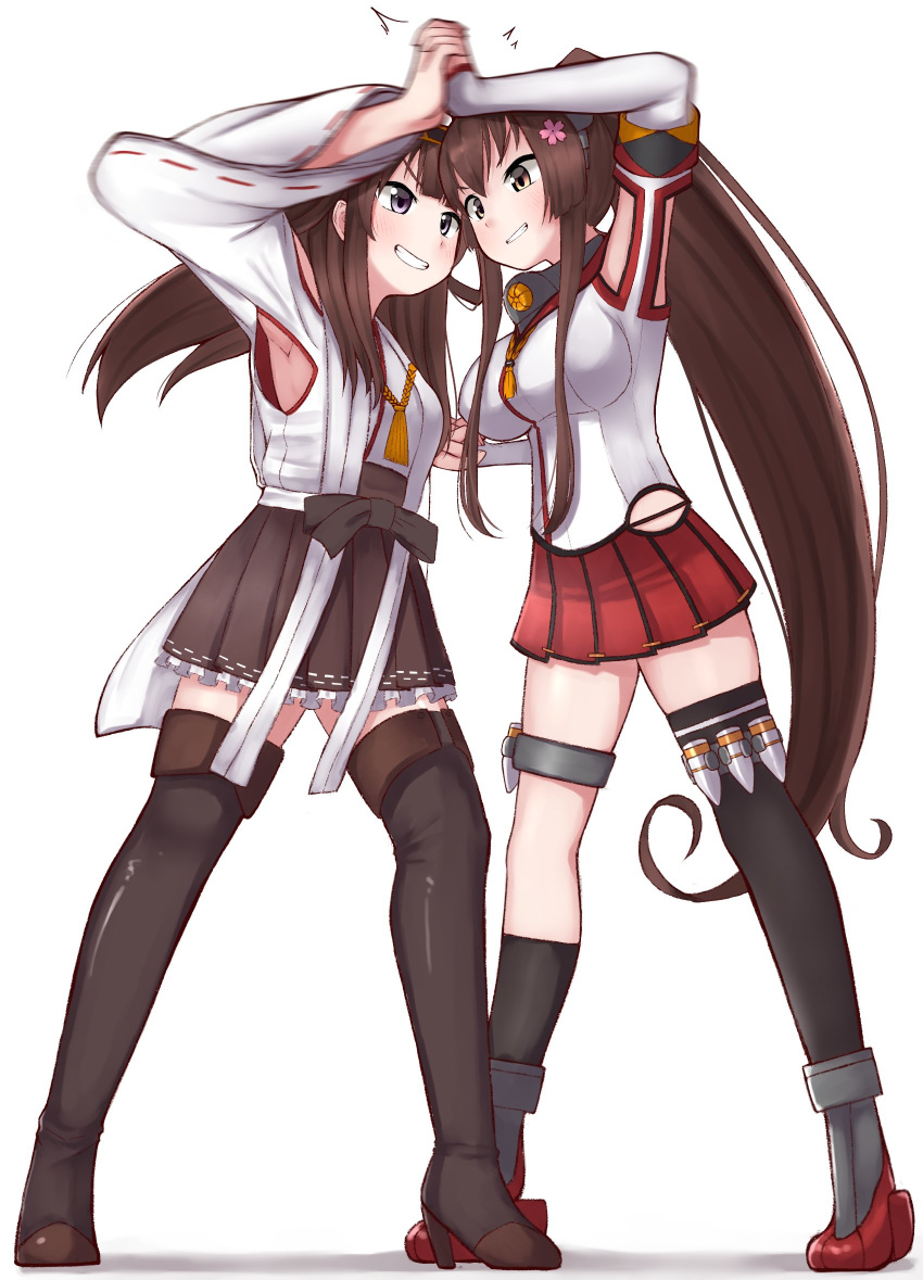 2girls ahoge black_legwear boots brown_hair brown_skirt catfight cherry_blossoms commentary_request detached_collar detached_sleeves double_bun eye_contact flower grey_eyes hair_flower hair_ornament headgear highres hip_vent japanese_clothes kantai_collection kongou_(kantai_collection) long_hair looking_at_another motion_blur multiple_girls pleated_skirt ponytail red_skirt ribbon-trimmed_sleeves ribbon_trim simple_background single_thighhigh skirt standing thigh-highs thigh_boots tiemu_(man190) white_background yamato_(kantai_collection)