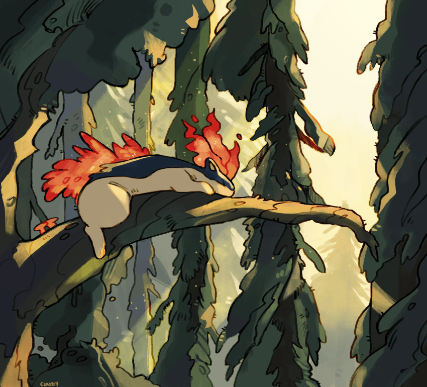 artist_name cindy_(pigeoncindy_) closed_eyes commentary day english_commentary fire flame gen_2_pokemon highres no_humans outdoors pokemon pokemon_(creature) quilava silhouette sleeping tree