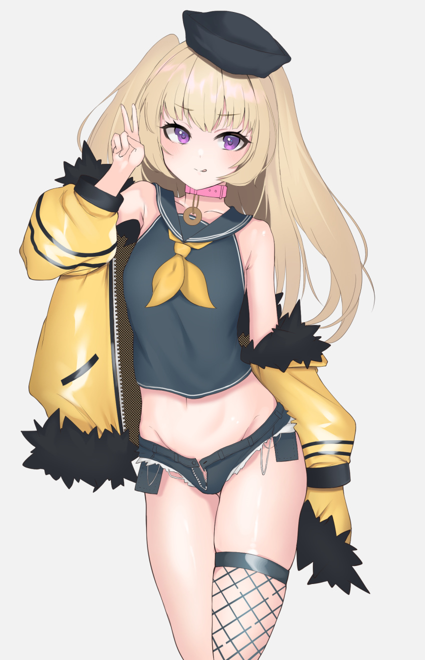 1girl :q azur_lane bache_(azur_lane) bangs bare_shoulders black_headwear black_sailor_collar black_shirt blonde_hair blush breasts collar collarbone commentary_request cowboy_shot crop_top cutoffs eyebrows_visible_through_hair fishnet_legwear fishnets fur-trimmed_jacket fur_trim grey_background groin hand_up hat highres jacket long_hair looking_at_viewer micro_shorts midriff navel neckerchief off-shoulder_jacket oldevixen open_fly pink_collar sailor_collar sailor_hat shirt shorts sidelocks simple_background single_thighhigh skindentation sleeveless sleeveless_shirt small_breasts smile solo standing thigh-highs tongue tongue_out two_side_up v violet_eyes yellow_jacket yellow_neckwear