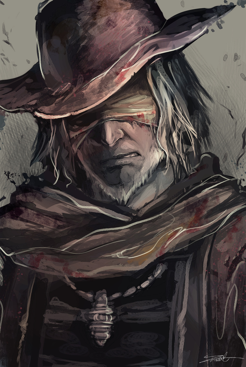 1boy bandages bloodborne covered_eyes father_gascoigne grey_background grey_hair hat highres jewelry necklace scarf scowl teeth yumae