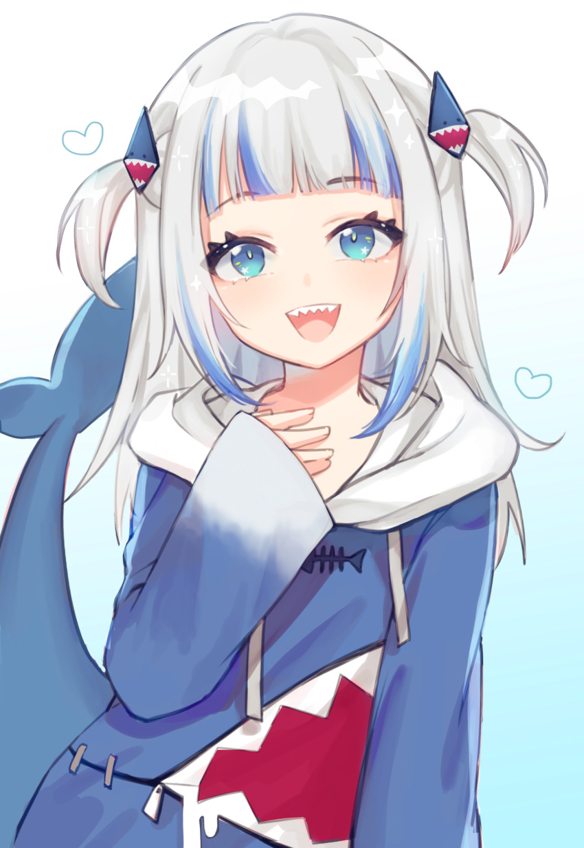 1girl blue_eyes english_commentary gawr_gura hair_ornament heart highres hololive hololive_english hood hoodie long_hair looking_at_viewer open_mouth ruru_(lamourouge) shark_tail silver_hair simple_background solo tail teeth white_background