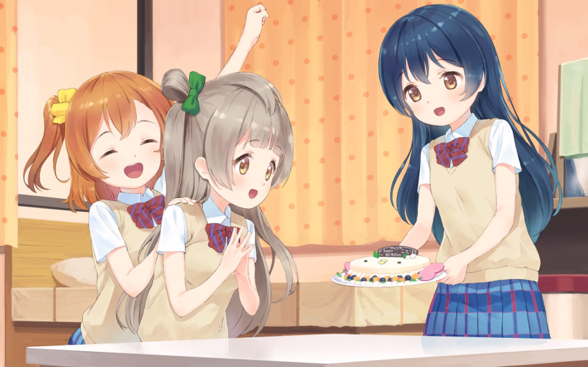 3girls arm_up bangs birthday_cake birthday_party blue_hair blush cake closed_eyes eichisu food grey_hair hair_between_eyes hair_ornament highres indoors kousaka_honoka long_hair love_live! love_live!_school_idol_project minami_kotori multiple_girls one_side_up orange_hair otonokizaka_school_uniform pleated_skirt red_neckwear school_uniform skirt sonoda_umi striped striped_neckwear summer_uniform