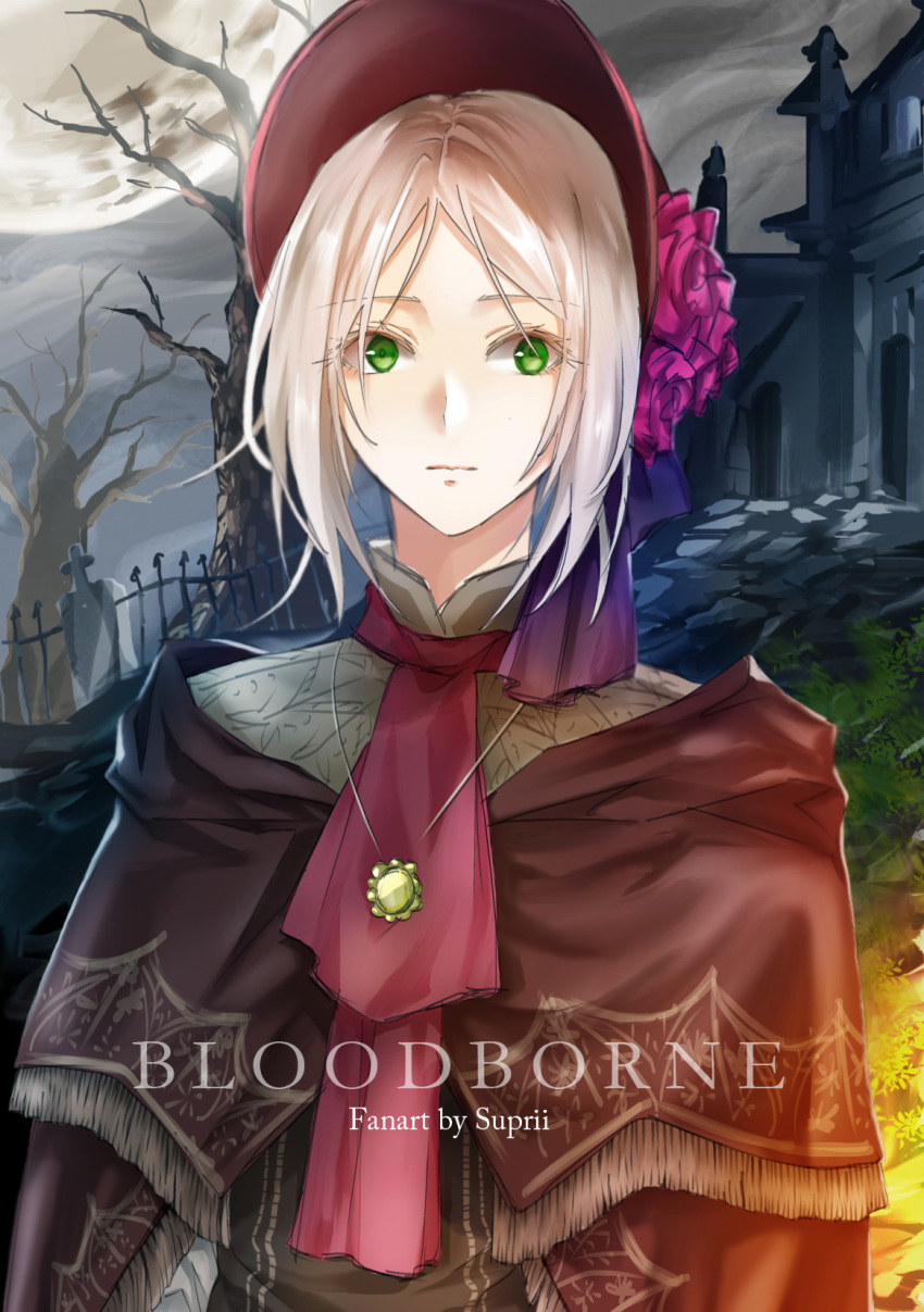1girl bloodborne green_eyes highres jewelry looking_at_viewer moon necklace plain_doll railing scarf suprii tombstone tree tree_branch white_hair