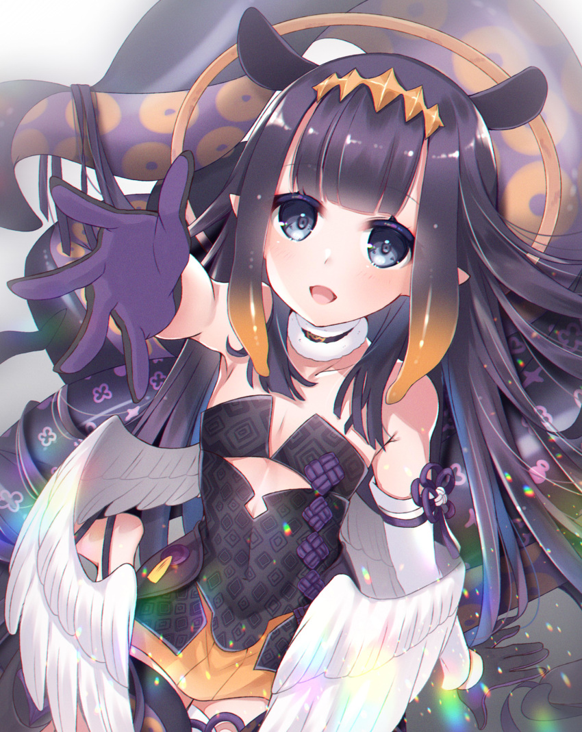 1girl bangs black_dress blunt_bangs dress gloves halo highres hololive hololive_english holomyth ko_yu long_sleeves looking_at_viewer mole ninomae_ina'nis pointy_ears purple_hair reaching_out smile solo strapless strapless_dress tentacle_hair tentacles virtual_youtuber