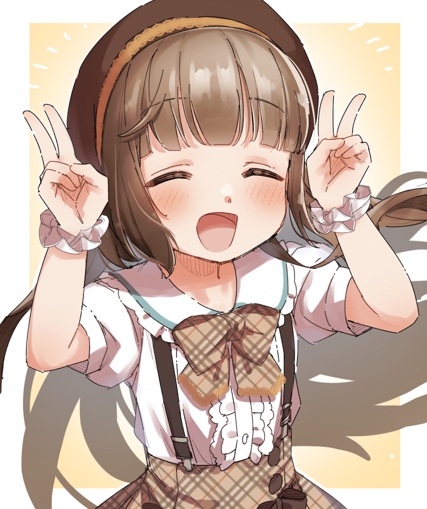 1girl :d ^_^ bangs beret blush bow brown_bow brown_hair brown_headwear brown_skirt center_frills closed_eyes collared_shirt double_v eyebrows_visible_through_hair facing_viewer frilled_shirt_collar frills hands_up hat highres idolmaster idolmaster_cinderella_girls open_mouth plaid plaid_bow plaid_skirt puffy_short_sleeves puffy_sleeves scrunchie shirt short_sleeves skirt smile solo suspender_skirt suspenders v white_scrunchie white_shirt wrist_scrunchie yorita_yoshino yukie_(kusaka_shi)