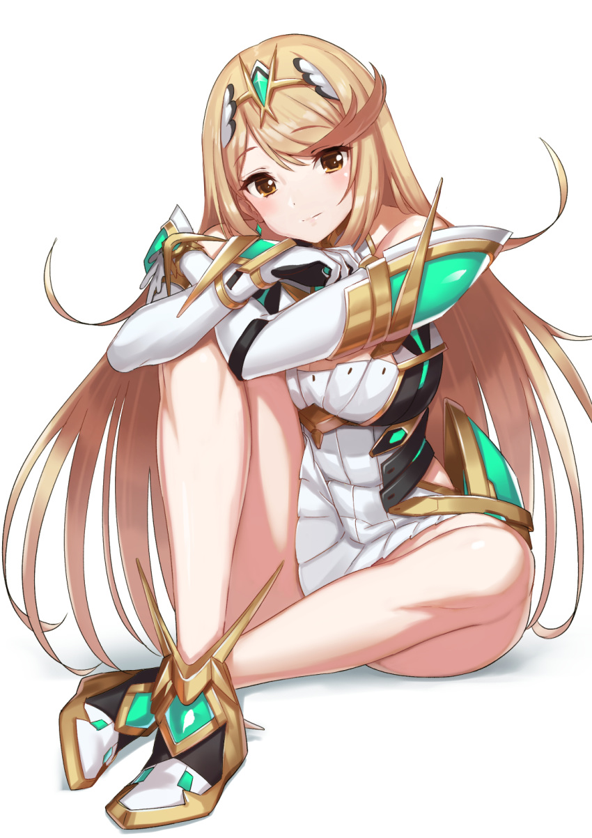 1girl bangs bare_legs blonde_hair breasts chest_jewel dress earrings elbow_gloves eyebrows_visible_through_hair full_body gloves green322 highres jewelry large_breasts long_hair looking_at_viewer mythra_(xenoblade) short_dress simple_background sitting solo swept_bangs tiara very_long_hair white_background white_dress white_footwear white_gloves xenoblade_chronicles_(series) xenoblade_chronicles_2 yellow_eyes