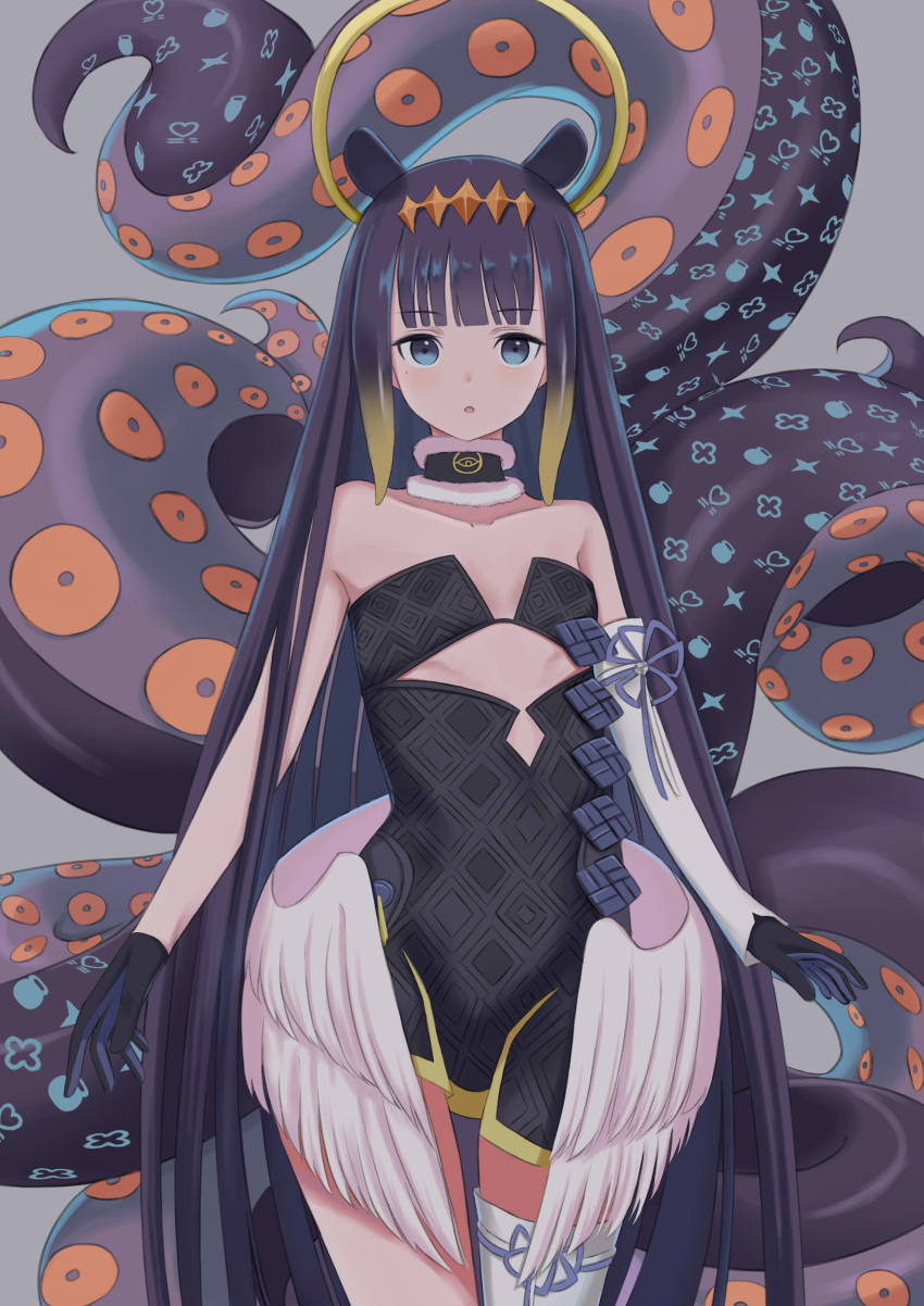 1girl absurdres bangs black_dress blunt_bangs choker dress gloves halo highres hololive hololive_english holomyth looking_at_viewer natsuki_(natukituki) ninomae_ina'nis pointy_ears purple_hair simple_background solo tentacle_hair tentacles thigh-highs virtual_youtuber wings