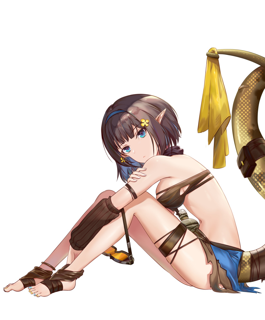 1girl absurdres arknights bandeau bare_shoulders black_hair blue_eyes blue_nails breasts brown_hair colored_inner_hair commentary_request eunectes_(arknights) feet from_side goggles goggles_removed hair_ornament hairband head_tilt highres knees_up looking_at_viewer looking_to_the_side medium_breasts midriff momosawa_nao multicolored_hair pointy_ears prehensile_tail short_hair sidelocks simple_background sitting snake_tail solo tail tail_raised thigh_strap thighs toenail_polish torn_clothes white_background