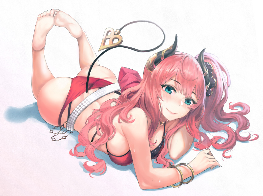 absurdres ass barefoot belt bikini blue_eyes demon_horns demon_tail eyebrows_visible_through_hair highres horns huge_filesize long_hair mochirong pink_hair princess_connect! princess_connect!_re:dive red_swimsuit soles suzuna_(princess_connect!) swimsuit tail white_background